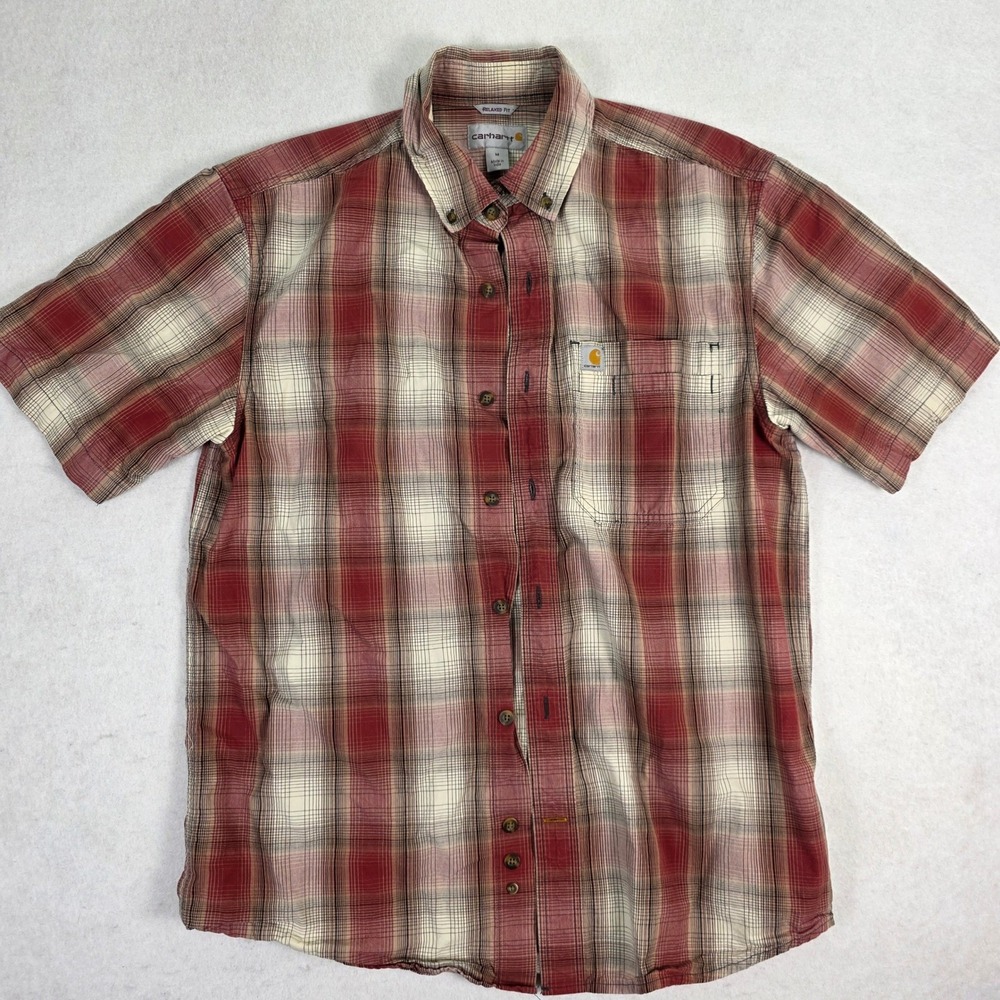 Carhartt Mens Relaxed Fit Plaid‎ Short Sleeve Button Down Shirt Red Cream Medium